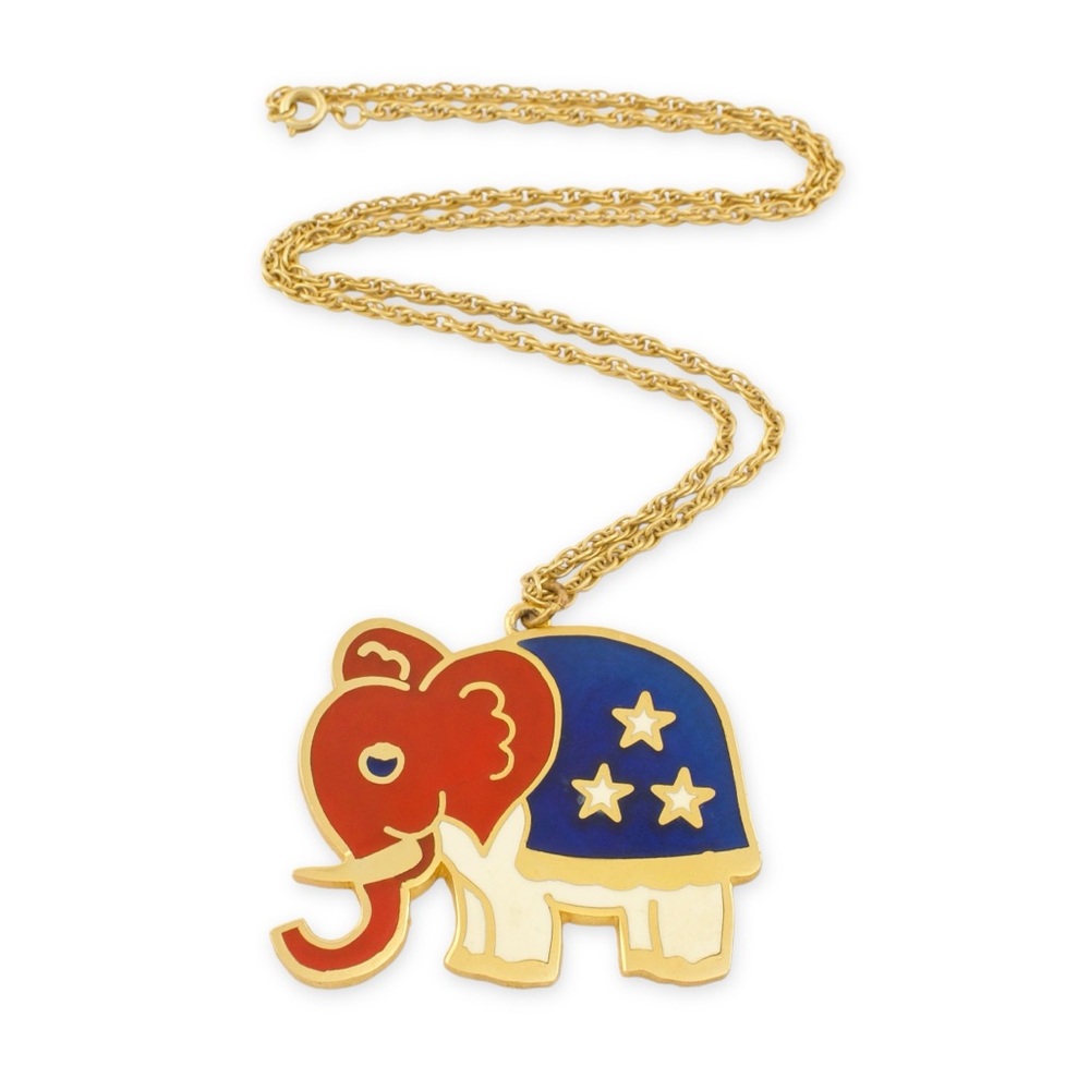Vintage Republican Party Elephant Pendant Necklace Red White Blue Patriotic